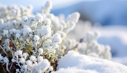 Close-Up of Snowy Evergreen Branches with Delicate Ice Crystals in Winter