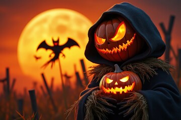 Eerie Pumpkin Headed Figure Holding a Jack O Lantern Under a Full Moon with Bats for a Halloween Scene