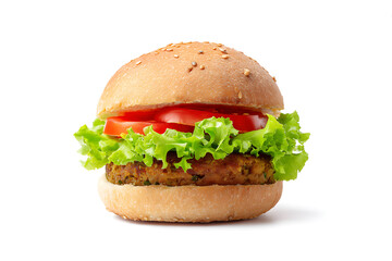 Plant-based vegan burger with fresh lettuce and tomato, isolated on white background. Healthy and eco-conscious fast food alternative.