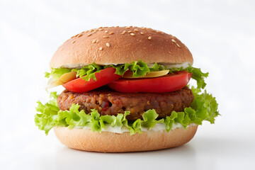 Plant-based vegan burger with fresh lettuce and tomato, isolated on white background. Healthy and eco-conscious fast food alternative.