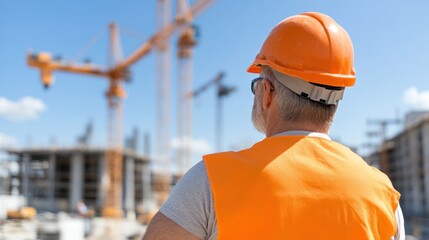 A construction worker in an orange hard hat observes ongoing work at a building site under a clear blue sky.