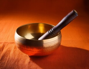 side view of a singing bowl with mallet on orange fabric