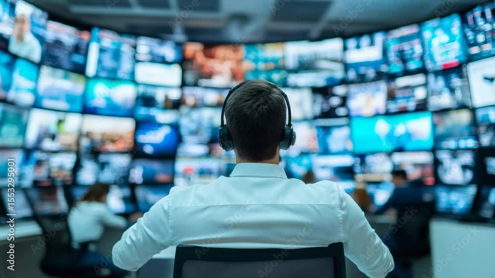 Poster Security operator wearing headset working in control room, monitoring multiple screens displaying surveillance data, graphs, and video feeds from cctv cameras