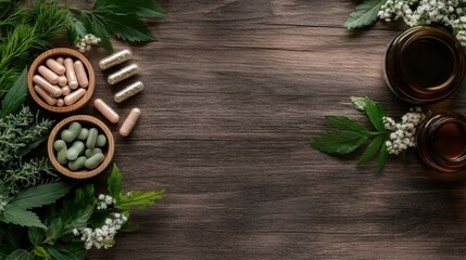 This image showcases an arrangement of natural supplements alongside green foliage, reflecting health, wellness, and the beauty of herbal medicine in a warm setting.