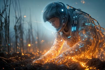 Un soldado futurista se arrastra por un paisaje brumoso, envuelto en una energía luminiscente.