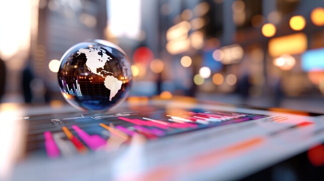 A crystal globe placed on a digital financial chart with vibrant colors, symbolizing global commerce and technology in today's market.