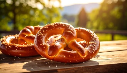Traditional salted pretzels placed on aged wooden surface in daylight