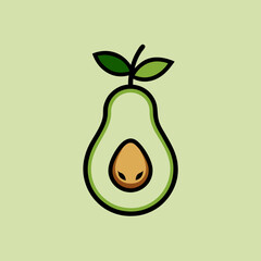 Stylized illustration of a halved avocado with a large pit and green leaves