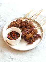 Sate maranggi. Indonesian traditional beef satay. with copy space.