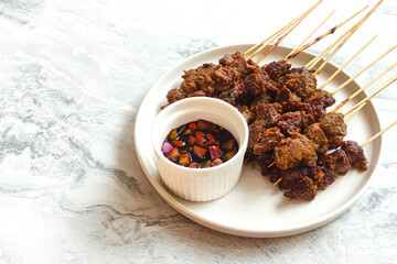 Sate maranggi. Indonesian traditional beef satay. with copy space.