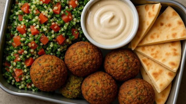 Colorful mediterranean meal with falafel, creamy dip, tabbouleh salad and pita bread arranged in a metal serving tray