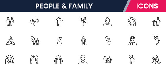 Vector line icons of parents, children, home, love, activities, family time, relationships, bonding, and care ideal for apps and websites.