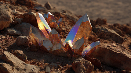 Crystalline structures sprouting from desert rocks, bending light into undiscovered color spectrums.