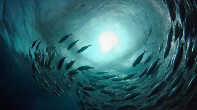 A swirling school of fish underwater forms a spiral pattern with sunlight shining through from above.