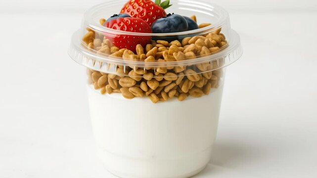 Fresh yogurt parfait with crunchy granola, strawberries, and blueberries in a clear cup with a plastic lid on white background