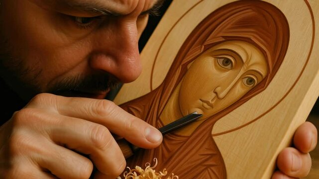 Artist hand carving detailed religious icon on wood, depicting a serene female saint with intricate fine lines and lifelike expression