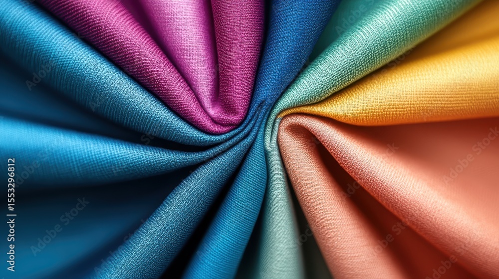Poster a vivid spiral of various fabrics in multiple colors showcases a dynamic composition, creating a liv
