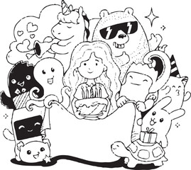 A fun and whimsical black and white doodle artwork showing a group of cute cartoon characters, including a smiling star, a frog, a flower, and other imaginative creatures, 