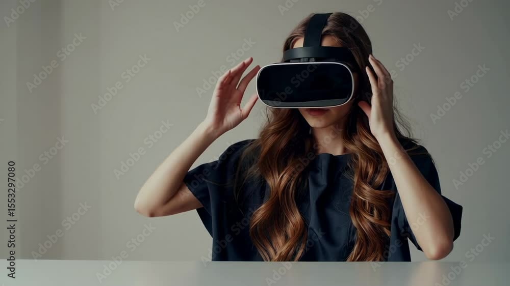 Aufkleber female professional wearing virtual reality headset, gesturing while navigating immersive digital sp