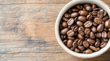 Fototapeta premium A rustic bowl filled with rich, dark coffee beans, perfect for coffee lovers and culinary enthusiasts. Captures the essence of flavor.