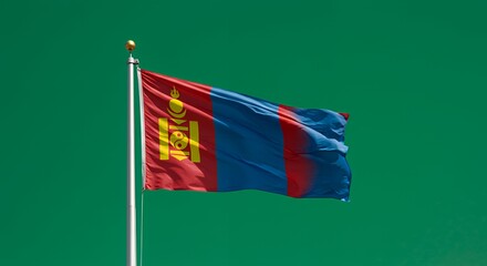 Against a vibrant green backdrop, the Mongolian flag billows proudly in the wind, its rich colors and symbolic Soyombo emblem captivating.
