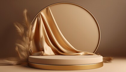 3d background beige podium display mockup silk cloth in motion gold circle frame for beauty product cosmetic presentation feminine scene with pedestal 3d render
