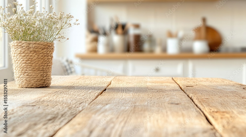 Poster a rustic wooden table adorned with a delicate flower arrangement, creating a warm and inviting atmos