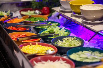 Photo illustration of hotel buffet restaurant. luxury restaurant.