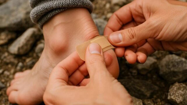 Applying a medical adhesive bandage to a blistered heel outdoors, close up hands treating foot injury during hiking adventure