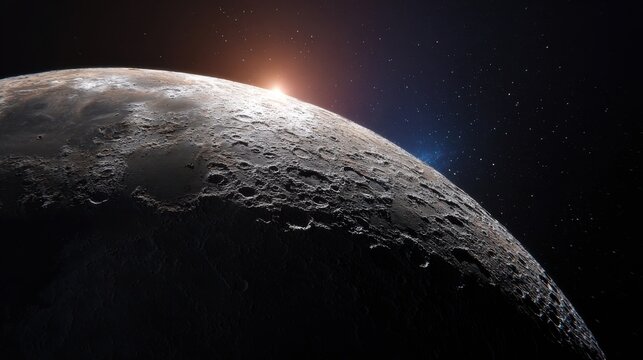 Detailed Surface of an Exoplanet with Sunrise and Starry Sky in Outer Space