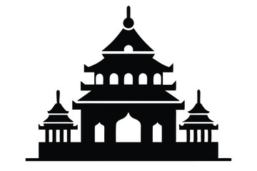 Black Silhouette of a Traditional Asian Building with Pagodas, Arches, and Tiered Roof