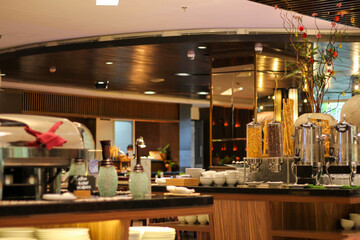 Photo illustration of hotel buffet restaurant. luxury restaurant.