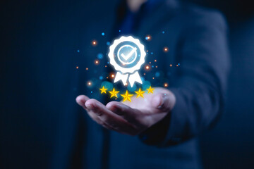 Checklist performance concept, Businessman show the icon on hand in front of him. Approved and...