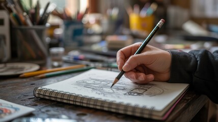 Close-up of hand drawing in sketchbook with pencil in art studio environment
