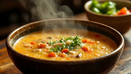 A steaming bowl of hearty vegetable soup garnished with fresh parsley, with a blurred salad bowl in the background.