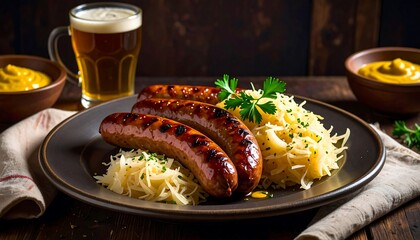 Oktoberfest-themed still life with grilled meats and sides on classic plate