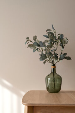 Green vase with olive plant branch on wooden table top, on neutral beige plaster wall background with natural sunlight shadow, aesthetic minimal home interior decor