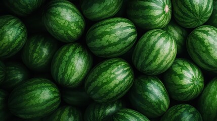 A visually appealing arrangement of fresh, perfectly patterned watermelons piled together, highlighting their vibrant colors and textures in an organic display.
