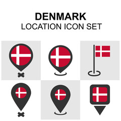 Fototapeta premium Set of Denmark-themed location icons including pins and flags perfect for travel apps, maps, and Nordic-related content.