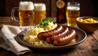 Traditional still life of grilled sausages with sauerkraut and mustard on ceramic plate