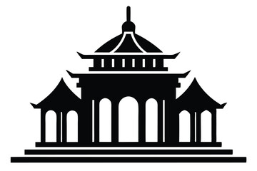 Silhouette Image Depicting a Traditional Asian Building with Arches and Elegant Roof