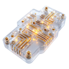 Clear plastic object with gold colored wires and a yellow light. isolated-on-ransparent-3d-background