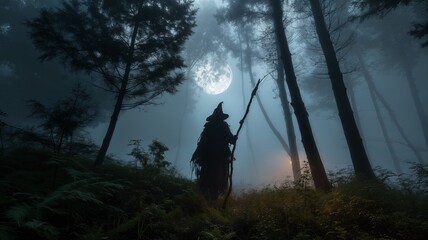 Silueta de una figura encapuchada con un bastón, de pie en un bosque brumoso bajo la luz de la luna llena.