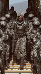 Fototapeta premium Una soldado futurista lidera un destacamento a través de una rampa de embarque.
