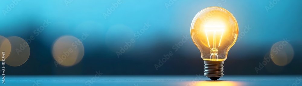 Poster illuminated light bulb on table soft glow in blurred background