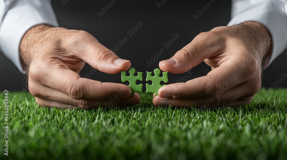Poster two hands connecting puzzle piece symbol of collaboration and problem solving