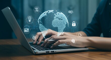 Hands on a laptop connecting to the global network with digital technology icons
