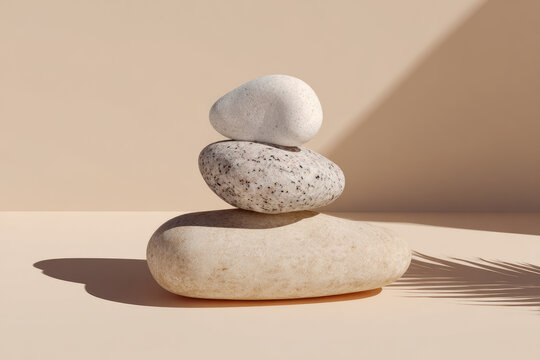 Smooth stone stack with soft shadows on beige background, minimalist zen balance concept, natural pebble arrangement for spa, relaxation, and tranquility, calming and peaceful mood