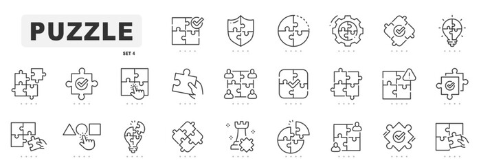 Puzzle related line icons. Jigsaw, idea, solution etc. Editable stroke