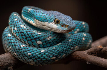Fototapeta premium A photo of an elegant blue snake coiled on a branch, snake, reptile.
